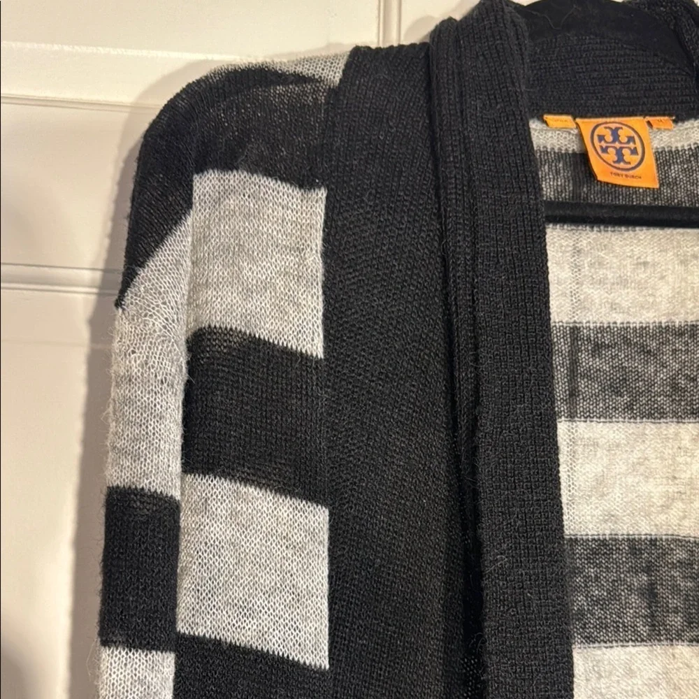 EUC Tory Burch Black and Gray Lightweight Open Front Cardigan Shawl Collar